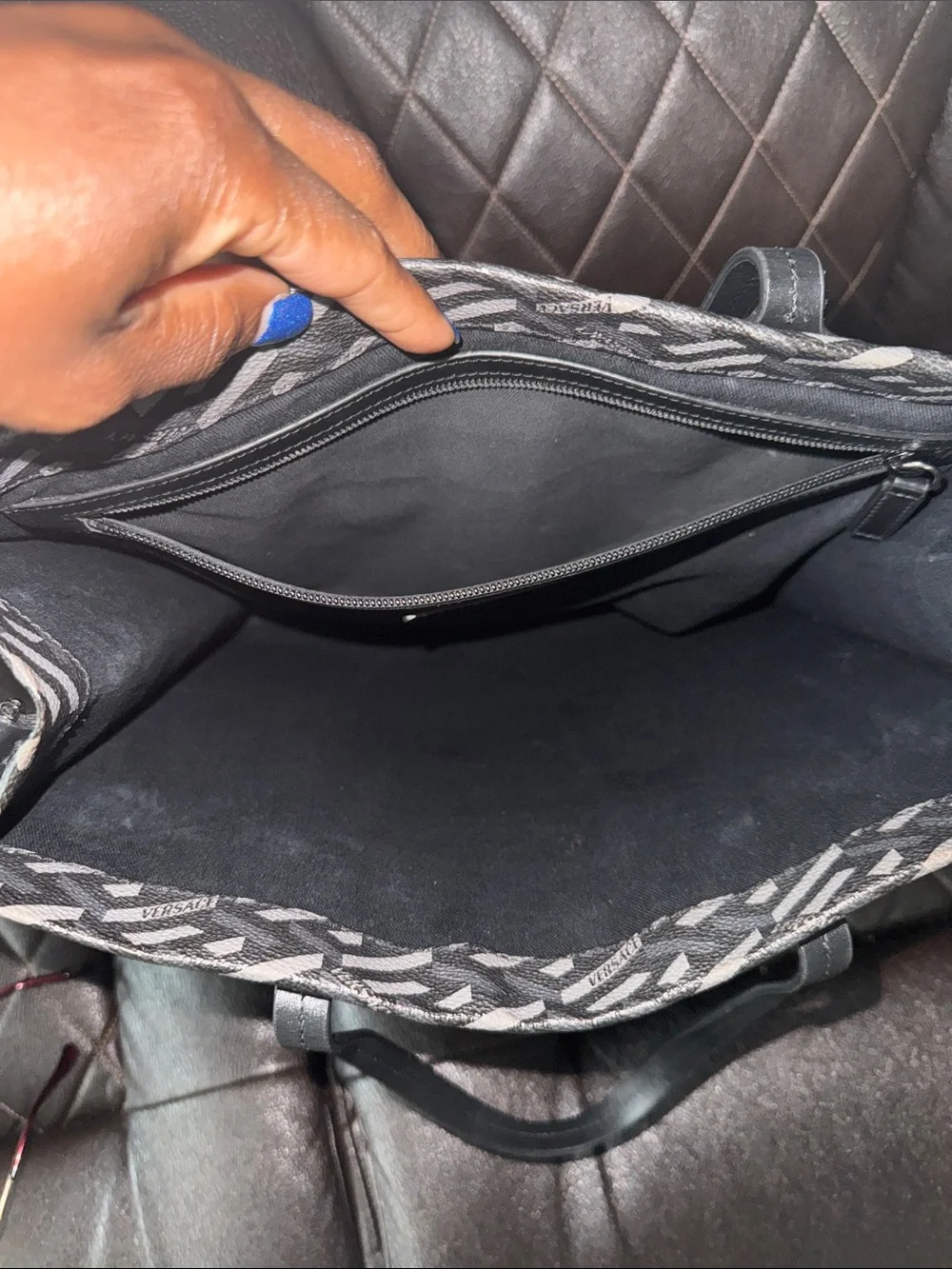 Versace Black and Gray Patterned Messenger Tote with Gold Logo